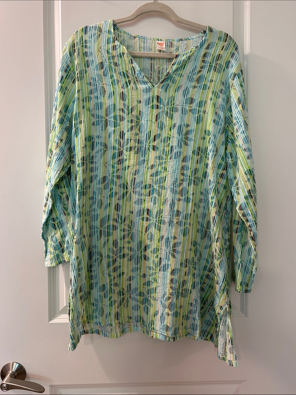 Tropical Escape V-Neck Tunic Top in Blue & Green Floral Stripe